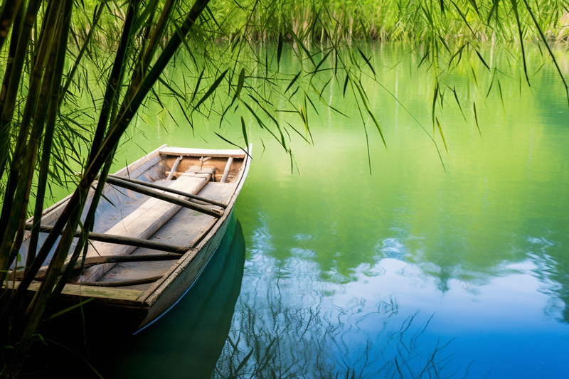 夏天河边竹林下的小船倒影风景摄影背景,高清,摄影图,摄影图片,图片大全,摄影图免费下载